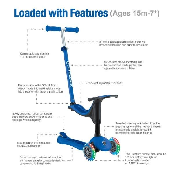 GLOBBER GO•UP SPORTY LIGHTS SCOOTER - NAVY BLUE/DARK BLUE