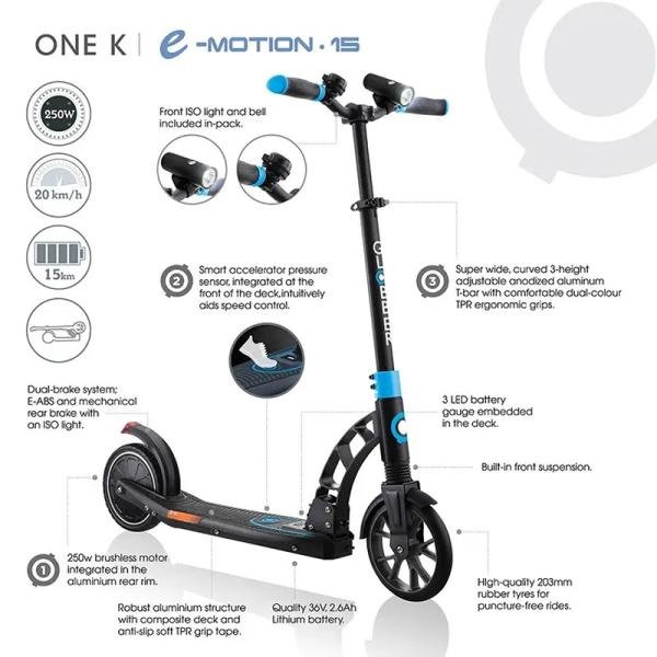 GLOBBER ONE K E-MOTION 15 ELECTRIC SCOOTER - SKY BLUE/BLACK - 653-100-3-L