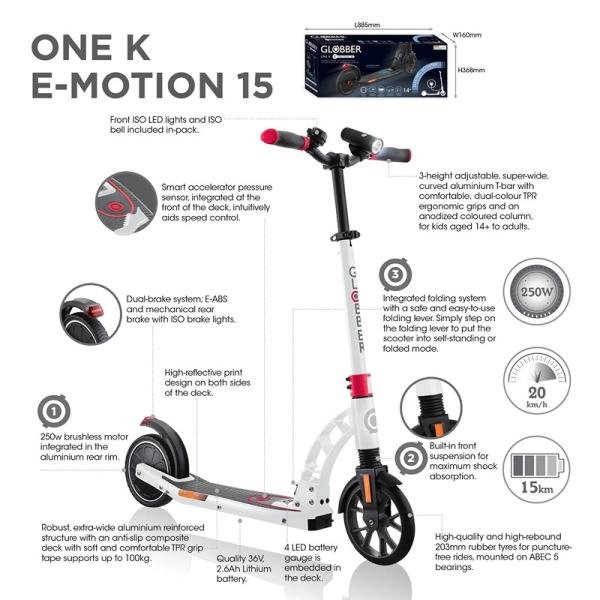 GLOBBER ONE K E-MOTION 15 ELECTRIC SCOOTER - RED/WHITE - 653-102-3-L