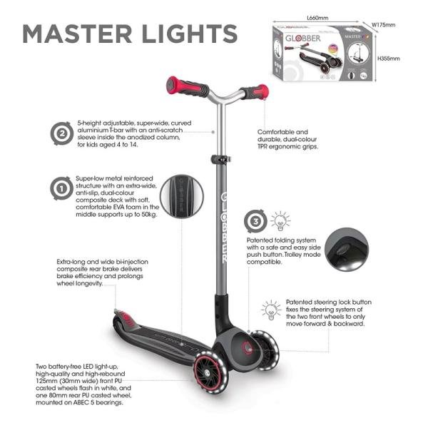 GLOBBER MASTER LIGHTS SCOOTER - BLACK/RED - 662-120