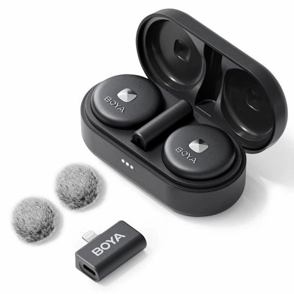 Boya Omic-D-W Wireless Microphone,Noise Cancelling Wireless Microphones for iPhone with Wireless Charging Case & Magnetic Clip, Lightning connector-Black-Omic-D(black)