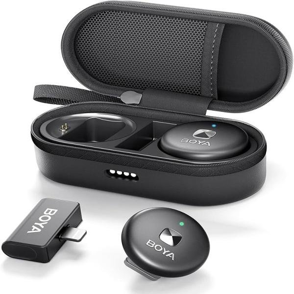 Boya Omic-D-W Wireless Microphone,Noise Cancelling Wireless Microphones for iPhone with Wireless Charging Case & Magnetic Clip, Lightning connector-Black-Omic-D(black)