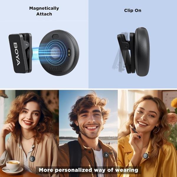 Boya Omic-D-W Wireless Microphone,Noise Cancelling Wireless Microphones for iPhone with Wireless Charging Case & Magnetic Clip, Lightning connector-Black-Omic-D(black)