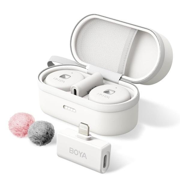 Boya Omic-D-W Wireless Microphone,Noise Cancelling Wireless Microphones for iPhone with Wireless Charging Case & Magnetic Clip, Lightning connector-White-Omic-D(white)