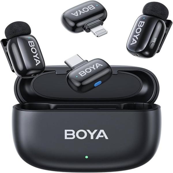 Boya Boyamini 2.4GHz Wireless Microphone for iPhone/iPad Android Device with 2 Plugs&2 Ultra Mini Mics with 30H Usage-Black-BOYAMINI