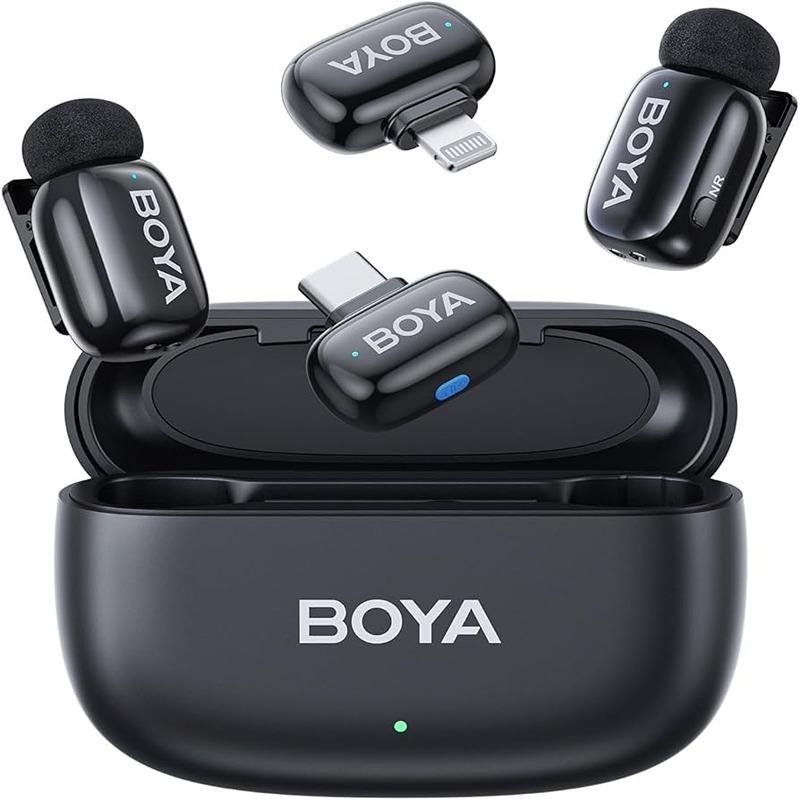 Boya Boyamini 2.4GHz Wireless Microphone for iPhone/iPad Android Device with 2 Plugs&2 Ultra Mini Mics with 30H Usage-Black-BOYAMINI
