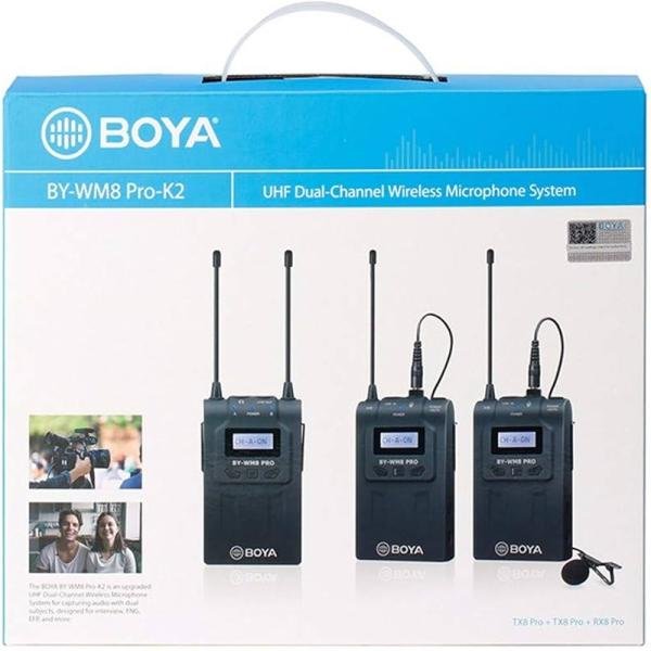 Boya Wireless Lavalier Microphone System Audio Recorder with 2 Bodypack Transmitters, 1 Portable Receiver Compatible for Canon Nikon Sony Panasonic DSLR Camera-BY-WM8 Pro-K2